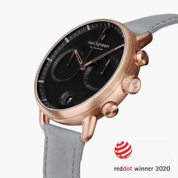 Pioneer - Schwarzes Ziffernblatt - Roségold | 42mm Armband Veganes Leder Raues Grau