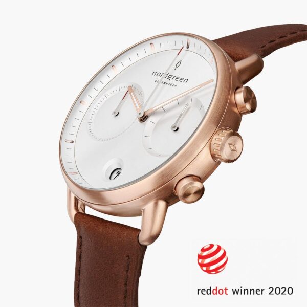 Pioneer - Weißes Ziffernblatt - Roségold | 42mm Armband Leder Braun - Refurbished