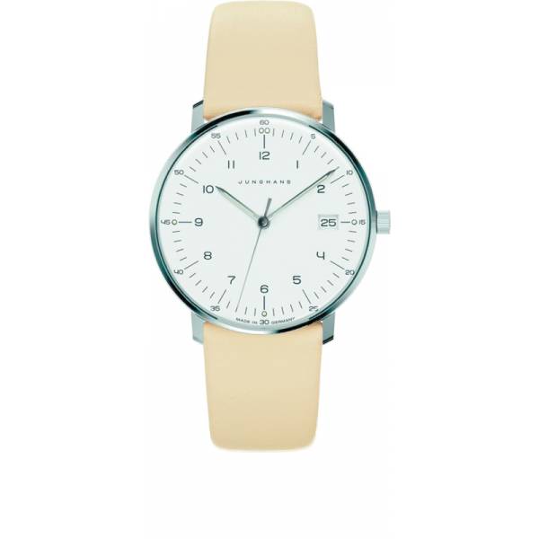 junghans max bill 33 quartzuhr stahl weiss zahlen leder beige