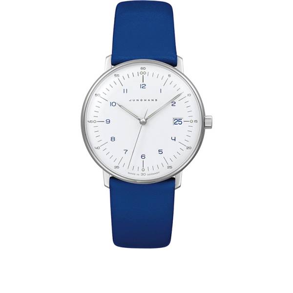 junghans max bill 33 quartzuhr stahl weiss zahlen leder blau