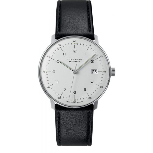 junghans max bill 38 automatikuhr stahl weiss zahlen leder datum