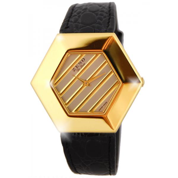 zeno hexagon grosse quartz damenuhr vergoldet schwarz