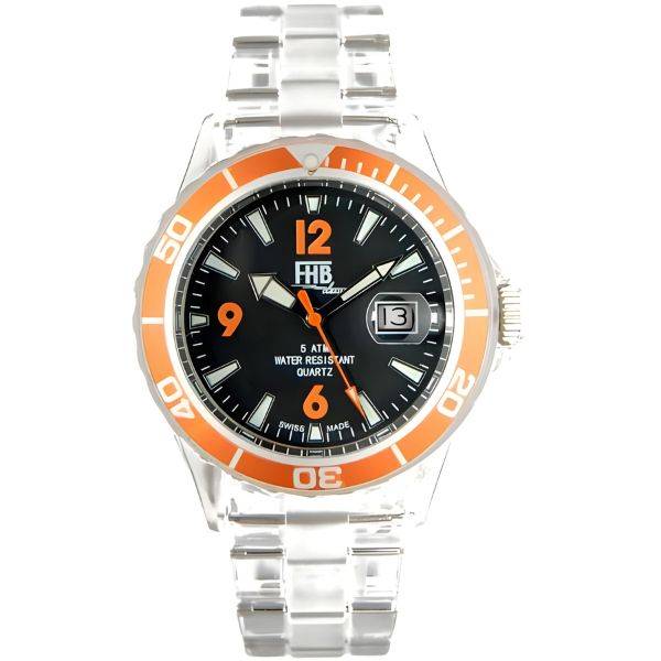 fhb fun watch opaque quartz uhr mit gliederarmband schwarz orange