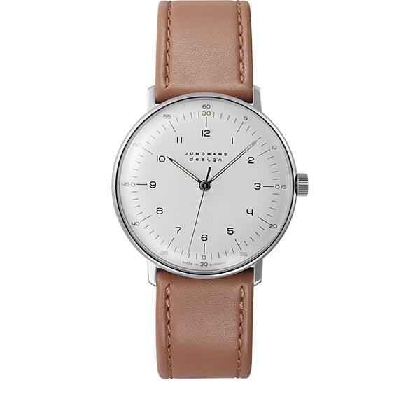 junghans max bill 34 handaufzuguhr stahl weiss zahlen leder beige