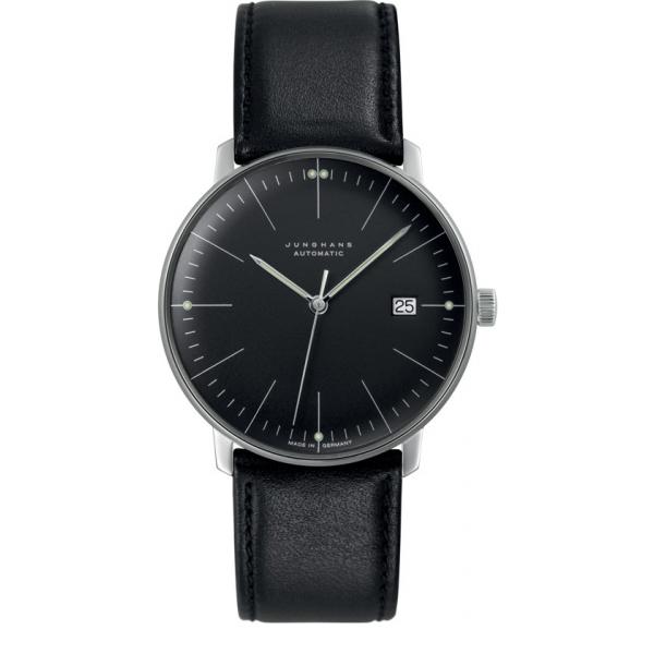 junghans max bill 38 automatikuhr stahl schwarz index leder datum