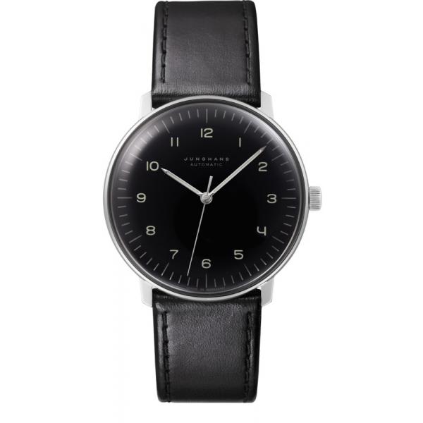 junghans max bill 38 automatikuhr stahl schwarz zahlen leder