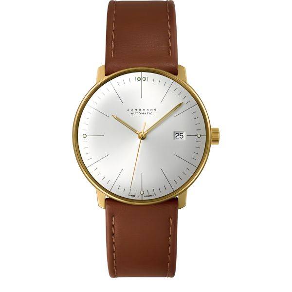 junghans max bill 38 automatikuhr vergoldet hellgrau index leder