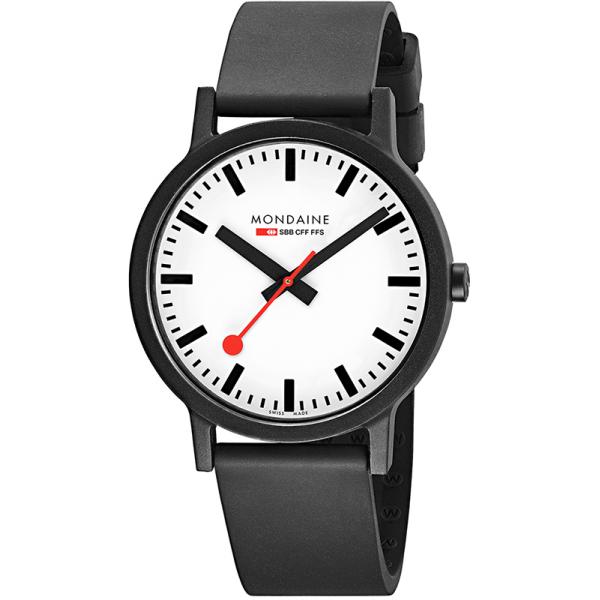 mondaine essence 41 bahnhofsuhr schwarz weiss