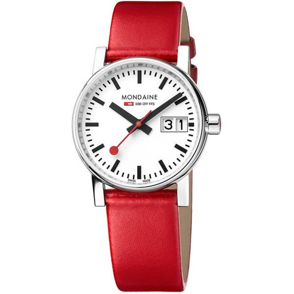 mondaine evo2 30 damen bahnhofsuhr big date saphirglas rot