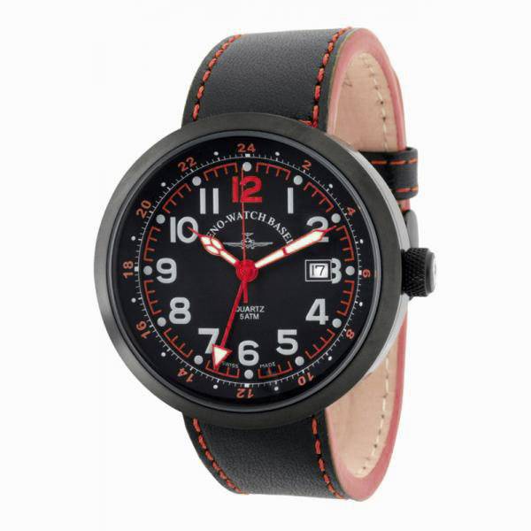 zeno watch basel pilot rondo quartz fliegeruhr gmt schwarz rot