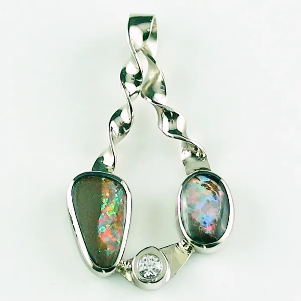 18k 750er Weißgold Opal Anhänger zwei Boulder Opalen und einem Diamant