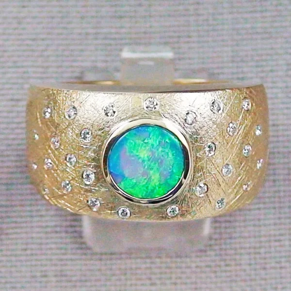 750er 18K Goldring Black Crystal Opal Diamanten Herrenring