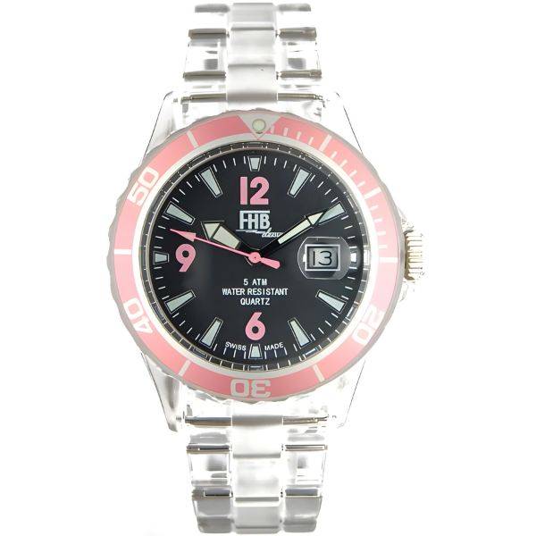 fhb fun watch opaque quartz uhr mit gliederarmband schwarz rosa