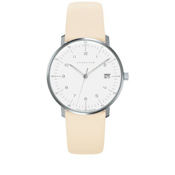 junghans max bill 33 quartzuhr stahl weiss zahlen leder beige