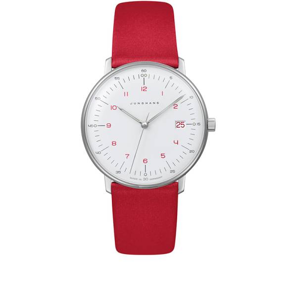 junghans max bill 33 quartzuhr stahl weiss zahlen leder rot