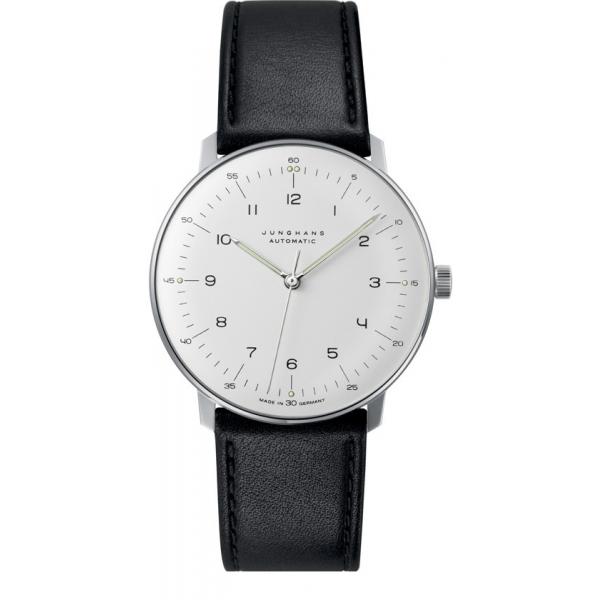 junghans max bill 38 automatikuhr stahl weiss zahlen leder