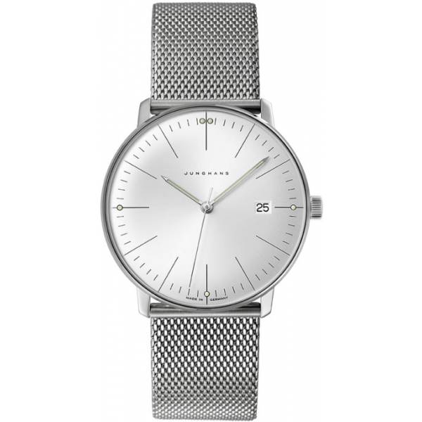 junghans max bill 38 quartzuhr stahl hellgrau index mesh