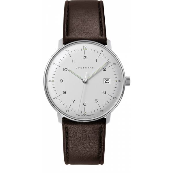 junghans max bill 38 quartzuhr stahl weiss zahlen leder