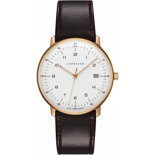 junghans max bill 38 quartzuhr vergoldet weiss zahlen leder