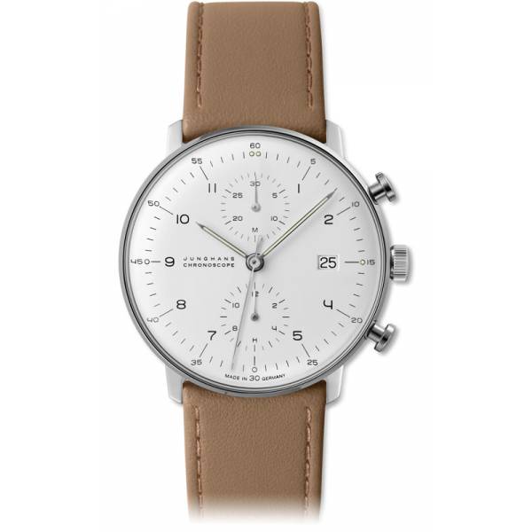 junghans max bill 40 automatikuhr chronoscope stahl weiss zahlen leder beige