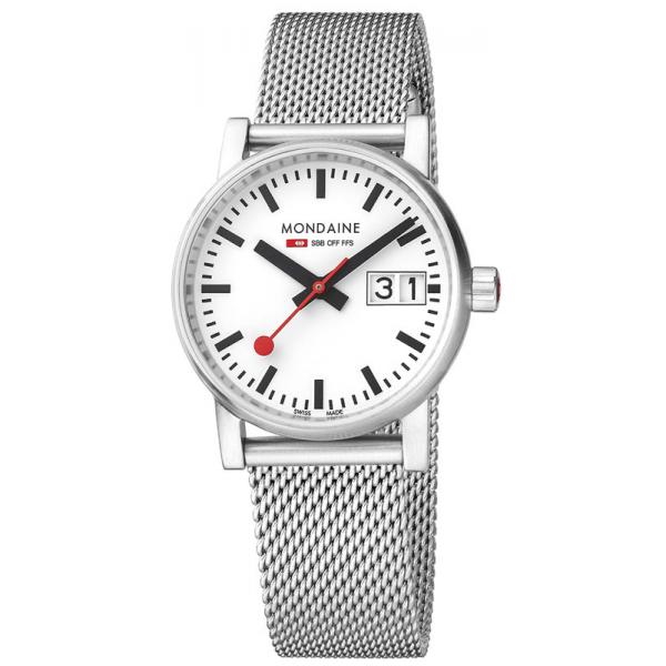 mondaine evo2 30 damen bahnhofsuhr big date saphirglas mesh